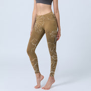 Buddha Stones Goldenrod Lotus Flowers Leaves Print Gym Fitness Leggings Women's Yoga Pants - Goldenrod - US18，UK/AU22，EU50 (4XL) - image 1