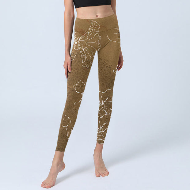 Buddha Stones Goldenrod Lotus Flowers Leaves Print Gym Fitness Leggings Women's Yoga Pants - image 6