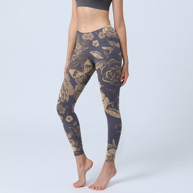 Buddha Stones Peony Flowers Leaves Blossom Print Gym Fitness Leggings Women's Yoga Pants - Thistle - US18，UK/AU22，EU50 (4XL) - image 1