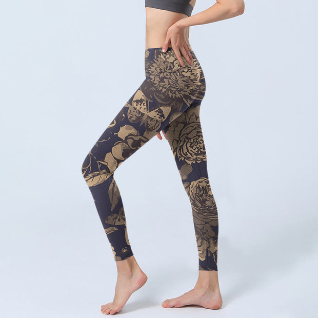 Buddha Stones Peony Flowers Leaves Blossom Print Gym Fitness Leggings Women's Yoga Pants - image 3