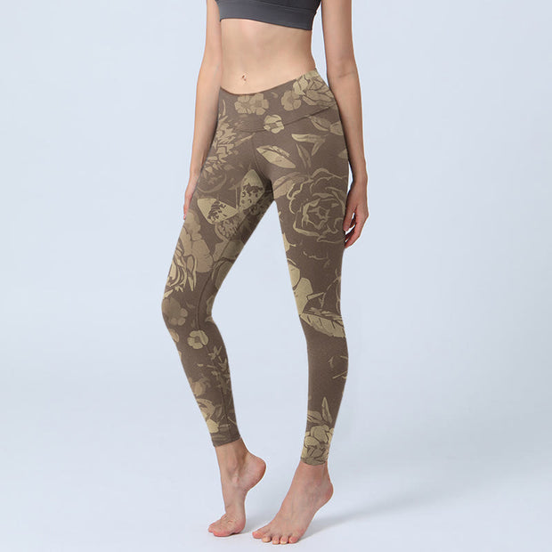 Buddha Stones Peony Flowers Leaves Blossom Print Gym Fitness Leggings Women's Yoga Pants - DarkKhaki - US18，UK/AU22，EU50 (4XL) - image 9