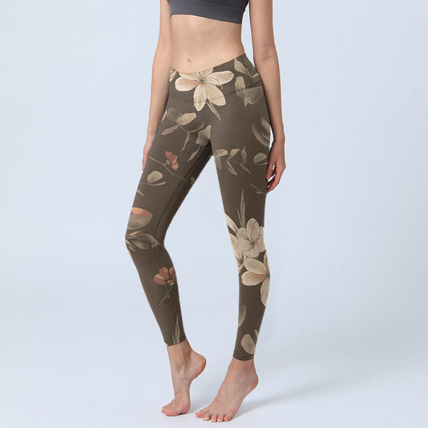 Buddha Stones Purple White Flowers Leaves Blossom Print Gym Fitness Leggings Women's Yoga Pants - DarkKhaki - US18，UK/AU22，EU50 (4XL) - image 9