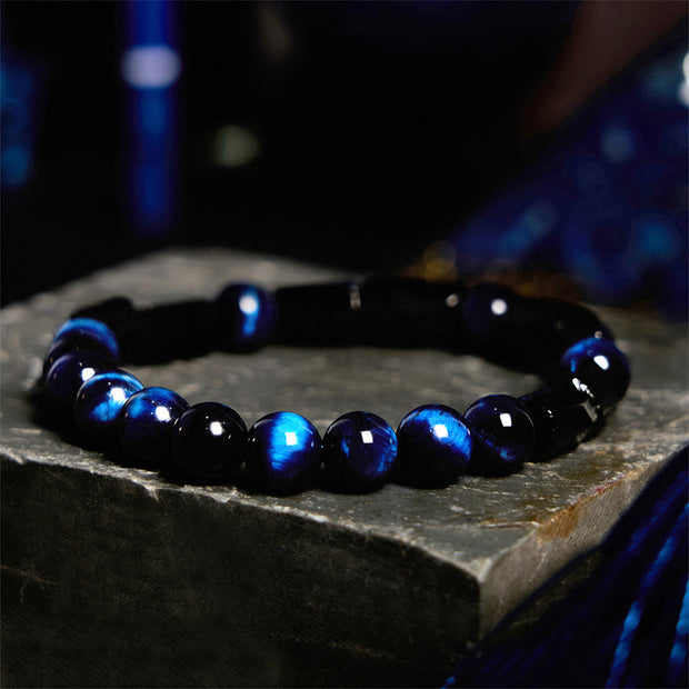 Buddha Stones Blue Tiger Eye Black Tourmaline Strength Bracelet