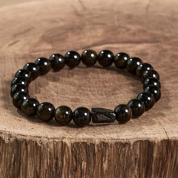 Buddha Stones Gold Sheen Obsidian Black Tourmaline Wealth Bracelet