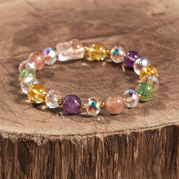 Buddha Stones PiXiu White Crystal Citrine Green Strawberry Quartz Amethyst Luck Bracelet