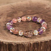 Buddha Stones Amethyst Strawberry Quartz White Crystal Nine-tailed Fox Meditation Bracelet