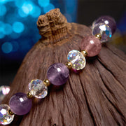 Buddha Stones Amethyst Strawberry Quartz White Crystal Nine-tailed Fox Meditation Bracelet