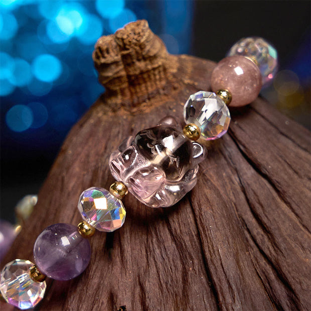 Buddha Stones Amethyst Strawberry Quartz White Crystal Nine-tailed Fox Meditation Bracelet Bracelet BS 2