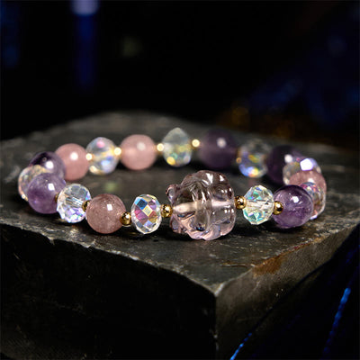 Buddha Stones Amethyst Strawberry Quartz White Crystal Nine-tailed Fox Meditation Bracelet Bracelet BS Amethyst Strawberry Quartz White Crystal(Wrist Circumference: 14-16cm)