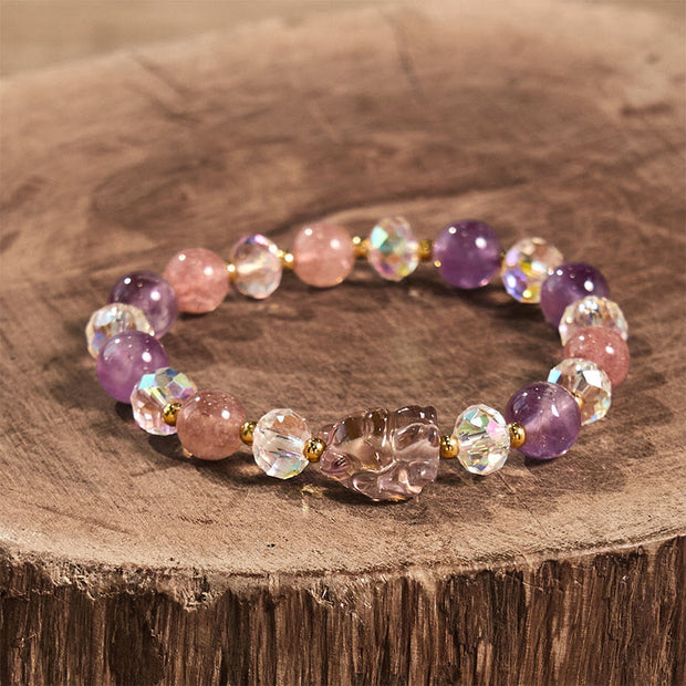 Buddha Stones Amethyst Strawberry Quartz White Crystal Nine-tailed Fox Meditation Bracelet Bracelet BS 1