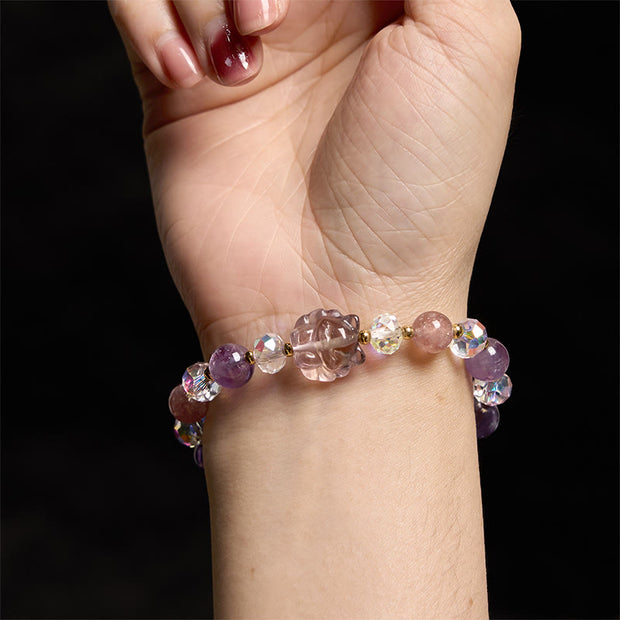 Buddha Stones Amethyst Strawberry Quartz White Crystal Nine-tailed Fox Meditation Bracelet Bracelet BS 4