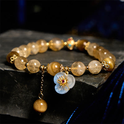 Buddha Stones Citrine Tiger Eye Flower Charm Generosity Bracelet Bracelet BS Citrine Tiger Eye(Wrist Circumference: 14-17cm)