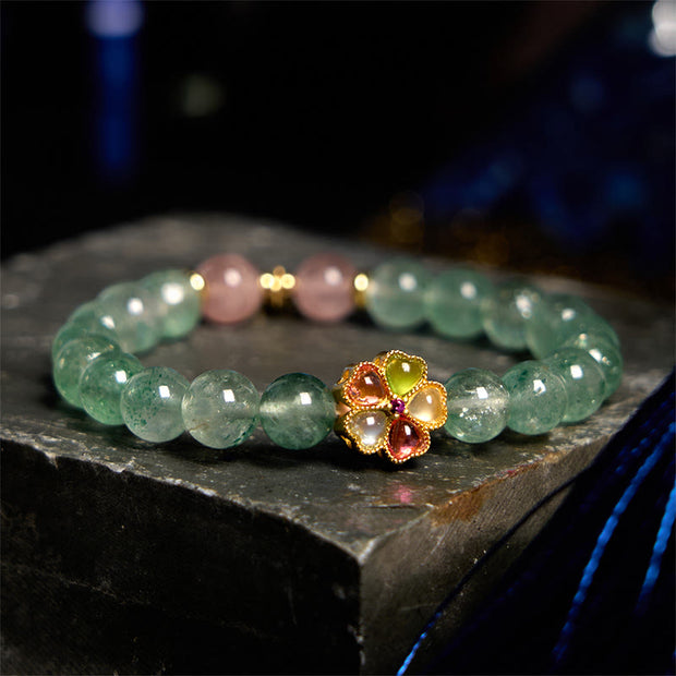 Buddha Stones Natural Green Strawberry Quartz Soothing Fu Character Bracelet