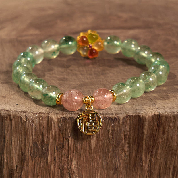 Buddha Stones Natural Green Strawberry Quartz Soothing Fu Character Bracelet Bracelet BS 2