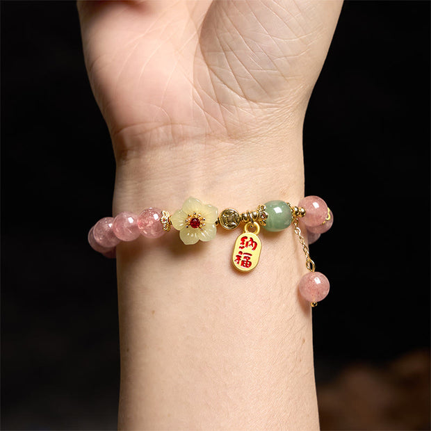 Buddha Stones Natural Strawberry Quartz Blossom Fu Character Positivity Healing Bracelet Bracelet BS 6