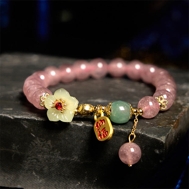 Buddha Stones Natural Strawberry Quartz Blossom Fu Character Positivity Healing Bracelet Bracelet BS Strawberry Quartz(Wrist Circumference: 14-17cm)