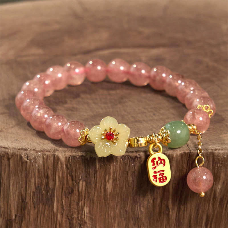 Buddha Stones Natural Strawberry Quartz Blossom Fu Character