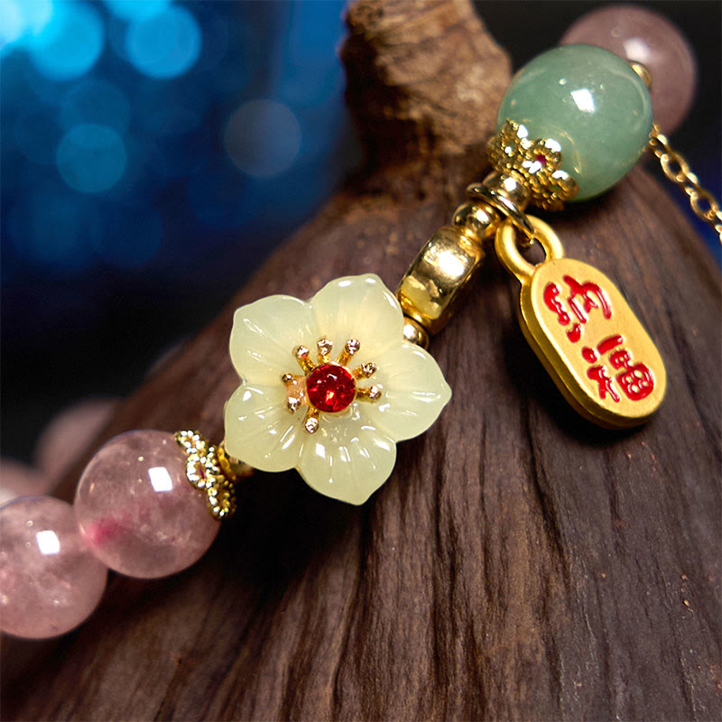 Buddha Stones Natural Strawberry Quartz Blossom Fu Character