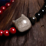 Buddha Stones Black Obsidian Cinnabar Silver Sheen Obsidian Cat Fulfilment Bracelet