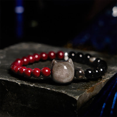 Buddha Stones Black Obsidian Cinnabar Silver Sheen Obsidian Cat Fulfilment Bracelet Bracelet BS Black Obsidian Cinnabar(Wrist Circumference: 14-16cm)