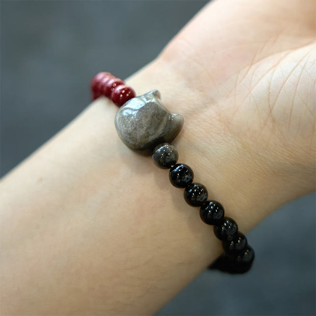 FREE Today: Transformation Fulfilment Black Obsidian Cinnabar Silver Sheen Obsidian Cat Bracelet