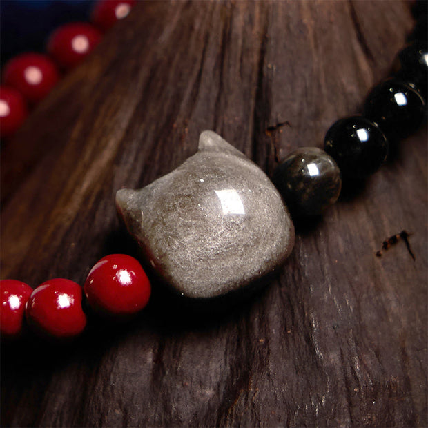 Buddha Stones Black Obsidian Cinnabar Silver Sheen Obsidian Cat Fulfilment Bracelet Bracelet BS 2