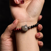 FREE Today: Transformation Fulfilment Black Obsidian Cinnabar Silver Sheen Obsidian Cat Bracelet