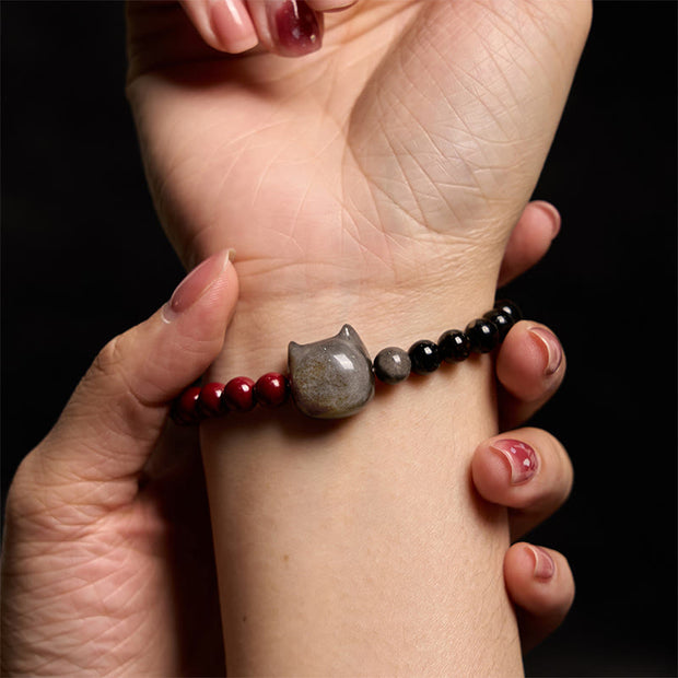 Buddha Stones Black Obsidian Cinnabar Silver Sheen Obsidian Cat Fulfilment Bracelet