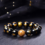 Buddha Stones Six True Words Om Mani Padme Hum Rainbow Obsidian Gold Foil Creativity Bracelet Bracelet BS Rainbow Obsidian(Wrist Circumference: 14-16cm) 14mm