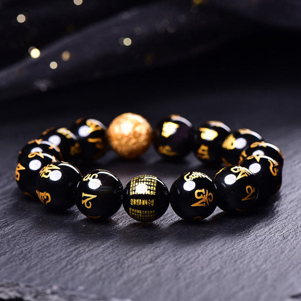 Buddha Stones Six True Words Om Mani Padme Hum Rainbow Obsidian Gold Foil Creativity Bracelet Bracelet BS 1