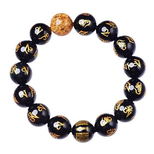 Buddha Stones Six True Words Om Mani Padme Hum Rainbow Obsidian Gold Foil Creativity Bracelet Bracelet BS 9