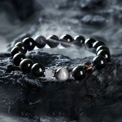 Buddha Stones Black Obsidian Eagle's Eye Stone Gold Sheen Obsidian Tiger's Eye Strength Bracelet