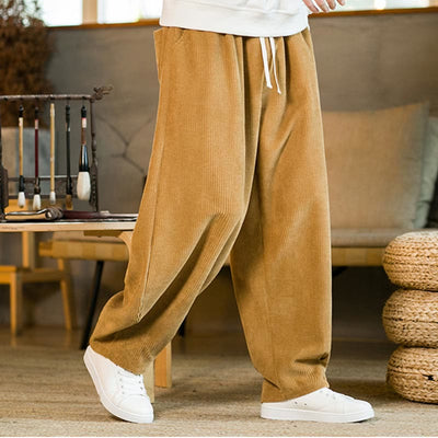 Buddha Stones Fall Winter Men's Drawstring Corduroy Harem Pants With Pockets