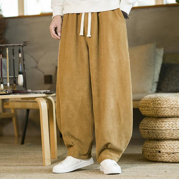 Buddha Stones Fall Winter Men's Drawstring Corduroy Harem Pants With Pockets