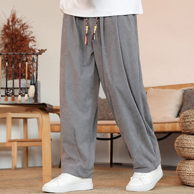 Buddha Stones Fall Winter Men's Drawstring Corduroy Solid Pants With Pockets