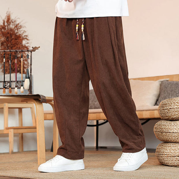 Buddha Stones Fall Winter Men's Drawstring Corduroy Solid Pants With Pockets