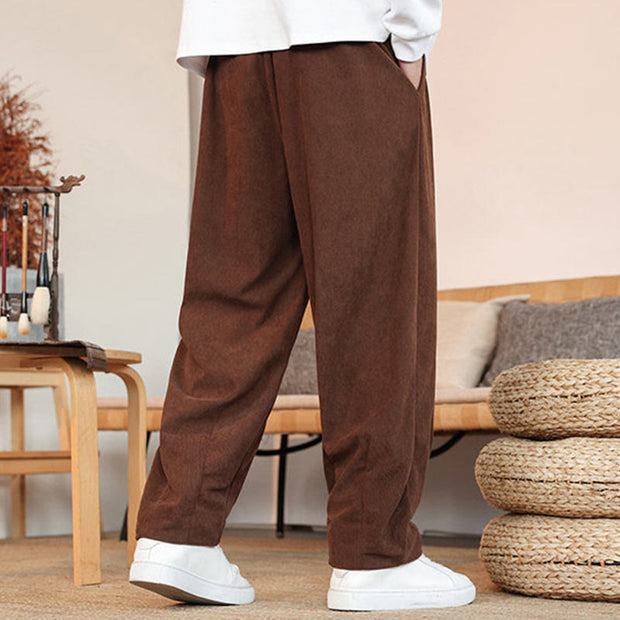 Buddha Stones Fall Winter Men's Drawstring Corduroy Solid Pants With Pockets