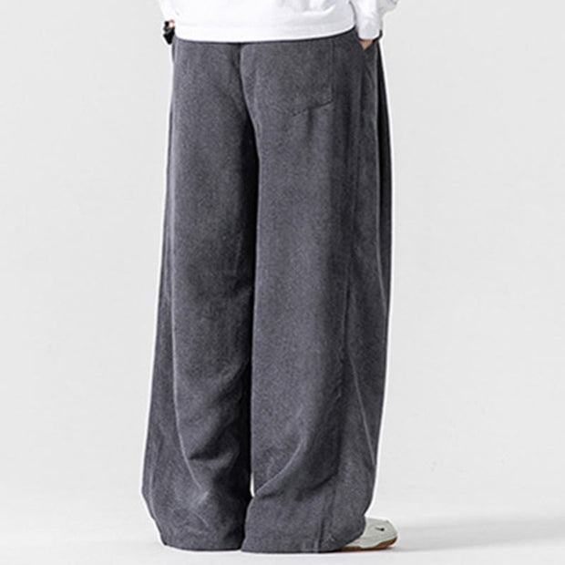 Buddha Stones Solid Color Cotton Corduroy Men's Wide Leg Pants With Pockets