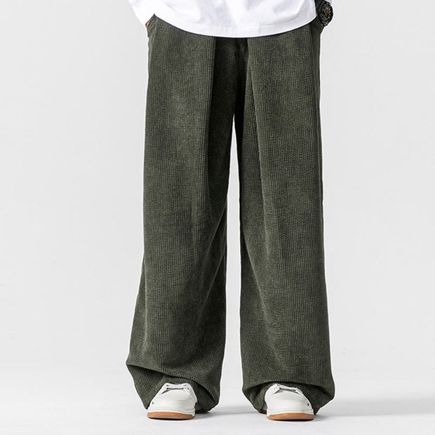 Buddha Stones Solid Color Cotton Corduroy Men's Wide Leg Pants With Pockets