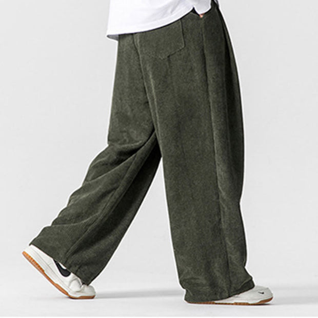 Buddha Stones Solid Color Cotton Corduroy Men's Wide Leg Pants With Pockets