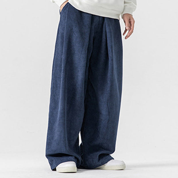 Buddha Stones Solid Color Cotton Corduroy Men's Wide Leg Pants With Pockets