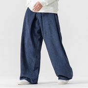 Buddha Stones Solid Color Cotton Corduroy Men's Wide Leg Pants With Pockets