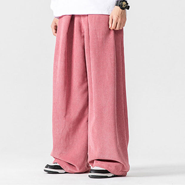 Buddha Stones Solid Color Cotton Corduroy Men's Wide Leg Pants With Pockets