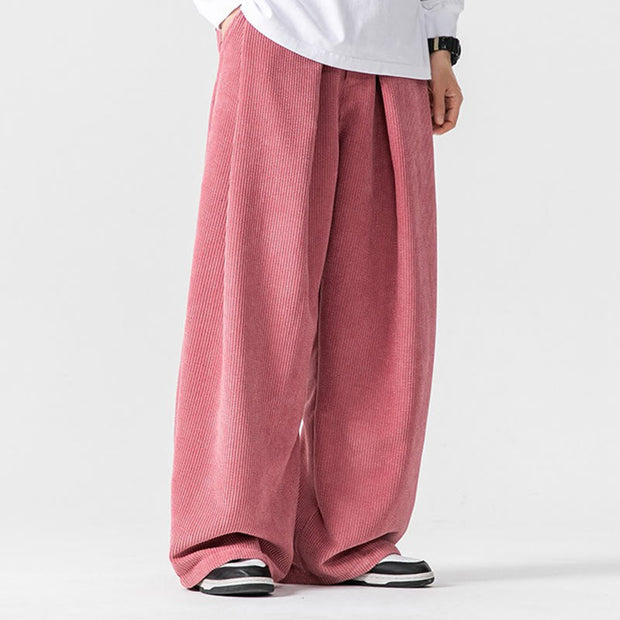 Buddha Stones Solid Color Cotton Corduroy Men's Wide Leg Pants With Pockets