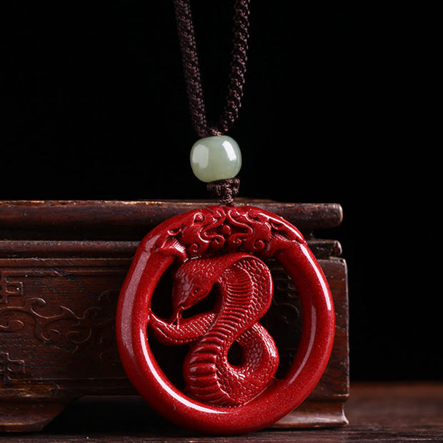 Buddha Stones Chinese Zodiac Cinnabar Hetian Jade Peace Buckle Calm Necklace Pendant Necklaces & Pendants BS Snake Cotton Rope