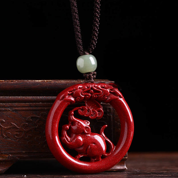 Buddha Stones Chinese Zodiac Cinnabar Hetian Jade Peace Buckle Calm Necklace Pendant Necklaces & Pendants BS Rat Cotton Rope