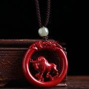 Buddha Stones Chinese Zodiac Cinnabar Hetian Jade Peace Buckle Calm Necklace Pendant Necklaces & Pendants BS Ox Cotton Rope