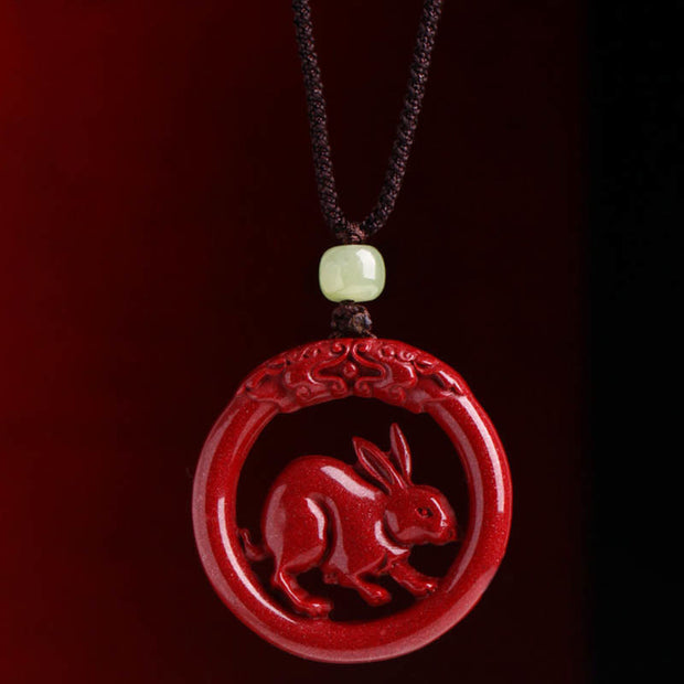 Buddha Stones Chinese Zodiac Cinnabar Hetian Jade Peace Buckle Calm Necklace Pendant Necklaces & Pendants BS Rabbit Cotton Rope