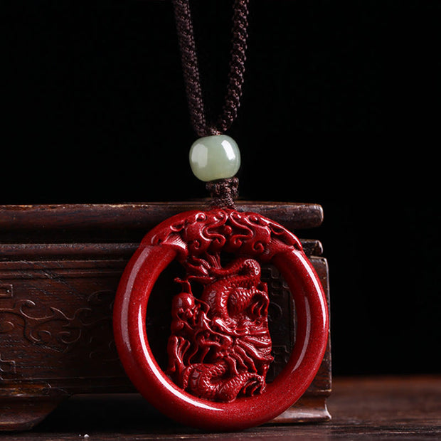 Buddha Stones Chinese Zodiac Cinnabar Hetian Jade Peace Buckle Calm Necklace Pendant Necklaces & Pendants BS Dragon Cotton Rope