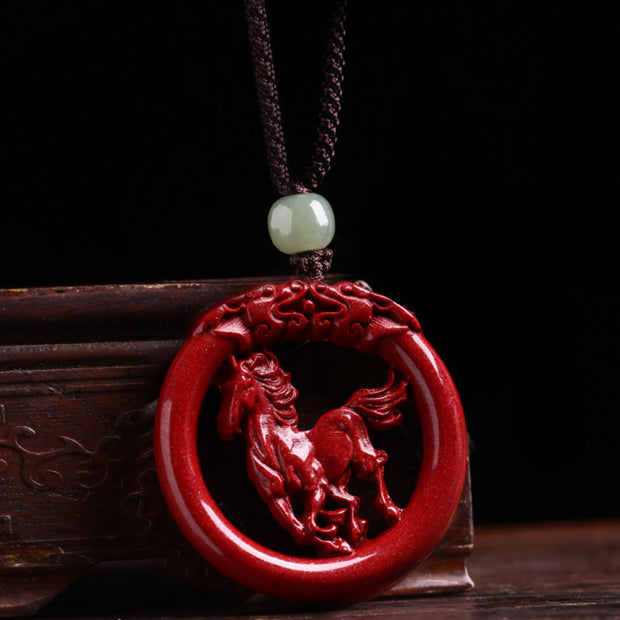 Buddha Stones Chinese Zodiac Cinnabar Hetian Jade Peace Buckle Calm Necklace Pendant Necklaces & Pendants BS Horse Cotton Rope